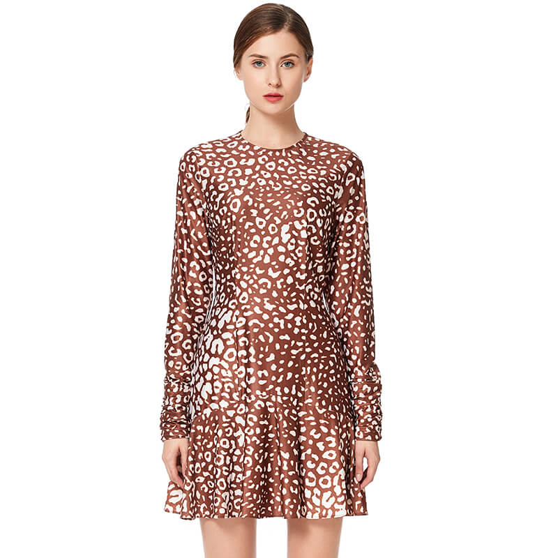 JJparty-D023 Women animal print round neck long sleeves flared mini day dress
