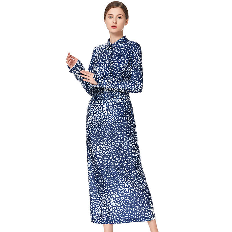 JJparty-D022 Women animal print long sleeves shirt collar midi day dress