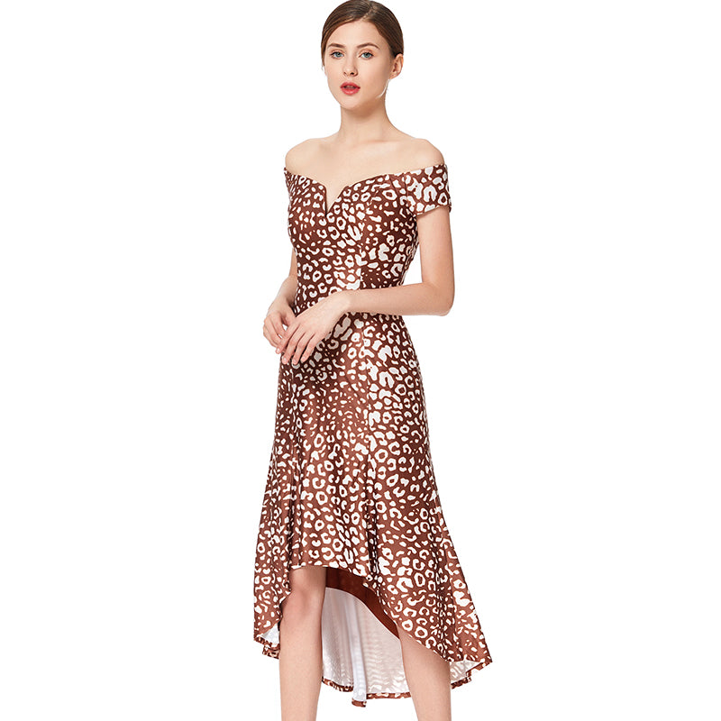 JJparty-D024 Women animal print off shoulder short sleeves asymmetric hem midi party dress
