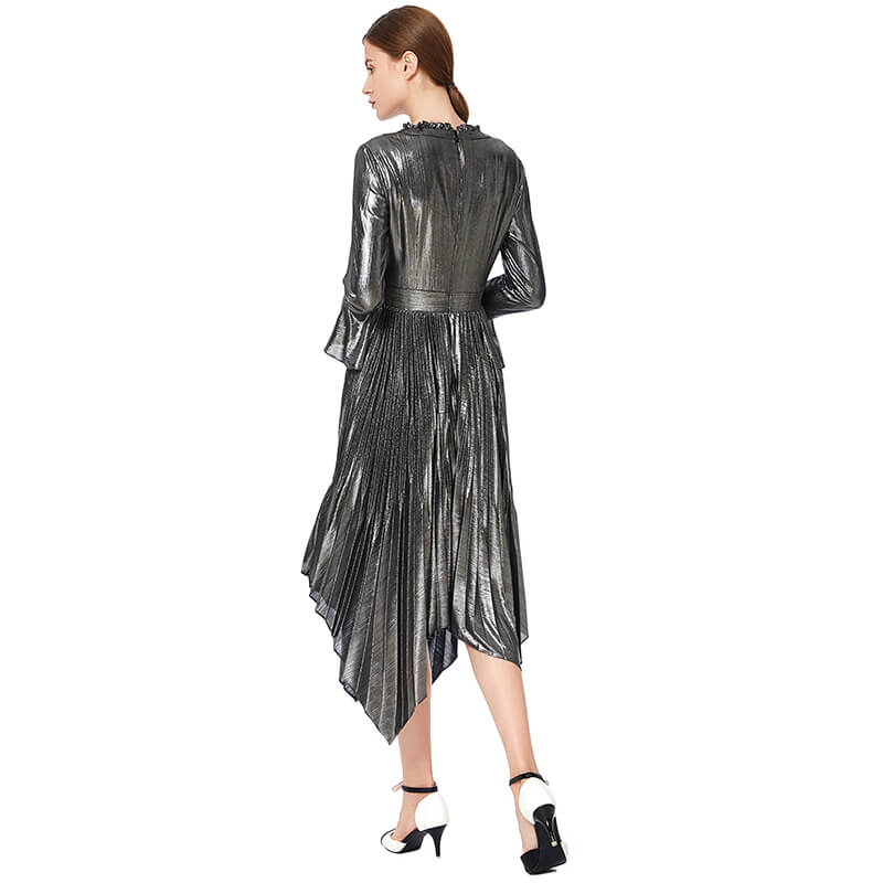 JJparty-D042 Women metallic knit long sleeves pleated handkerchief-hem midi party dress