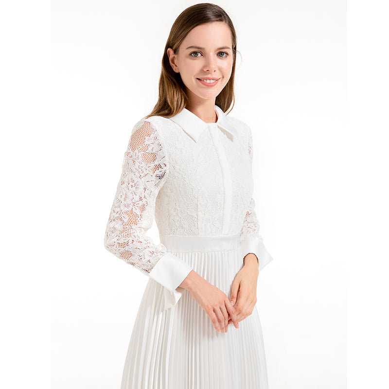 JJparty-D017 Women floral lace satin combo long sleeves shirt collar pleated midi party dress