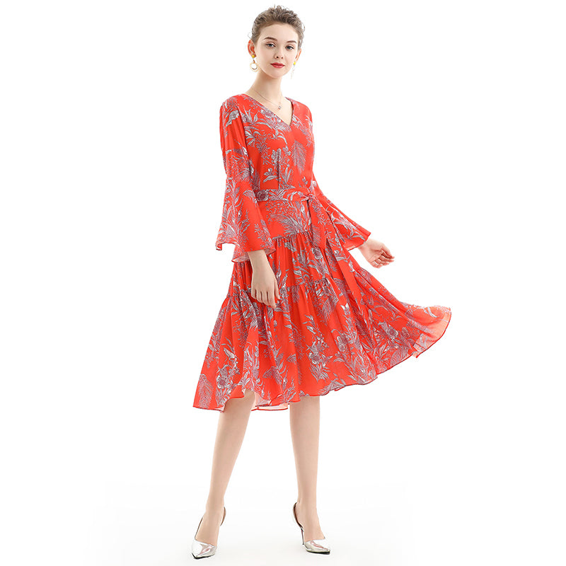 JJparty-D057 Women floral print three-quarter sleeves tiered design midi dress