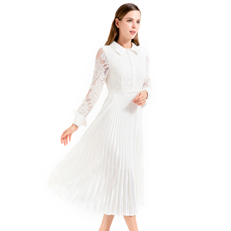 JJparty-D017 Women floral lace satin combo long sleeves shirt collar pleated midi party dress