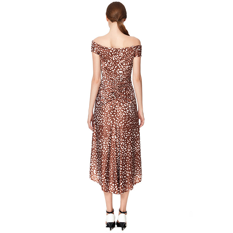 JJparty-D024 Women animal print off shoulder short sleeves asymmetric hem midi party dress
