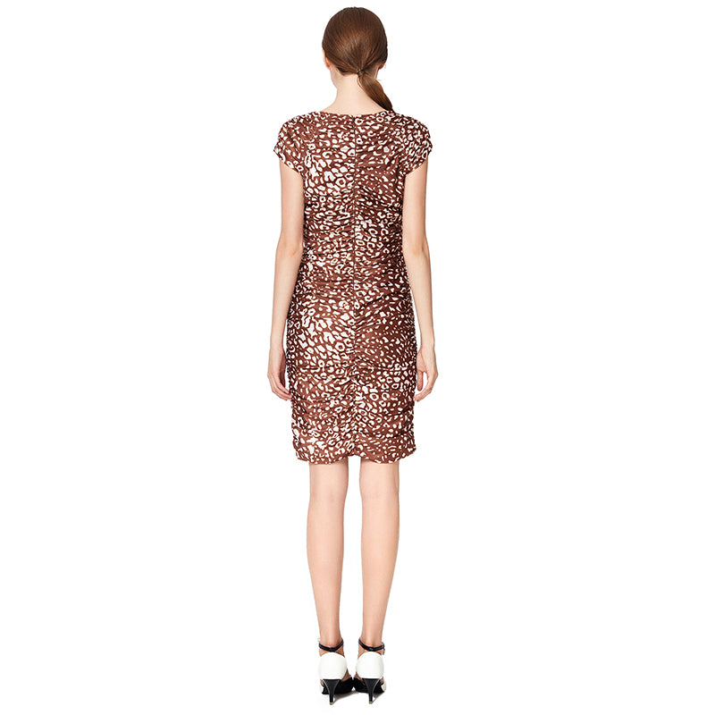 JJparty-D019 Women animal print V neck cap sleeves fitted mini day dress