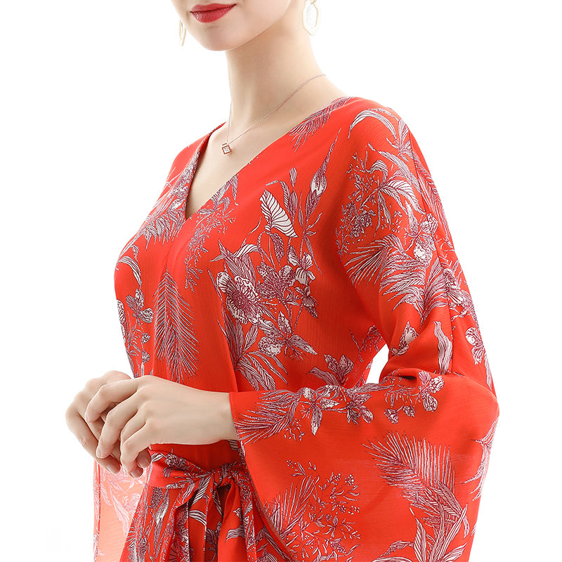 JJparty-D057 Women floral print three-quarter sleeves tiered design midi dress