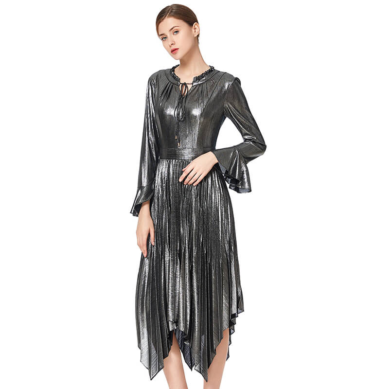 JJparty-D042 Women metallic knit long sleeves pleated handkerchief-hem midi party dress
