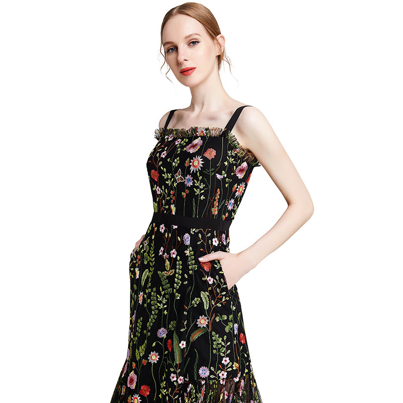 JJparty-D001 Women all-over floral embroidered tulle bare shoulder grosgrain strap midi party dress