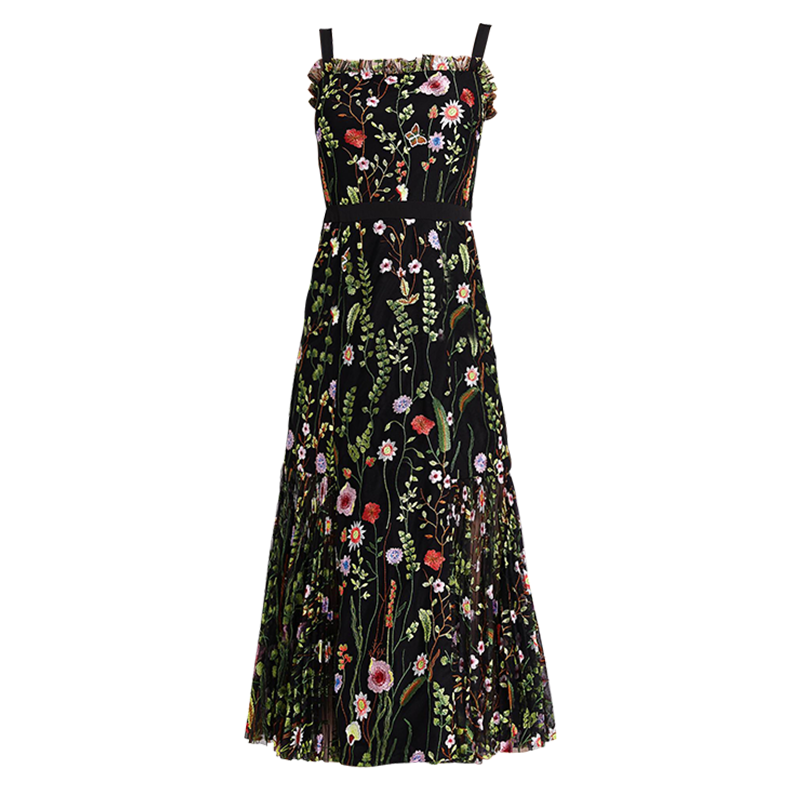 JJparty-D001 Women all-over floral embroidered tulle bare shoulder grosgrain strap midi party dress
