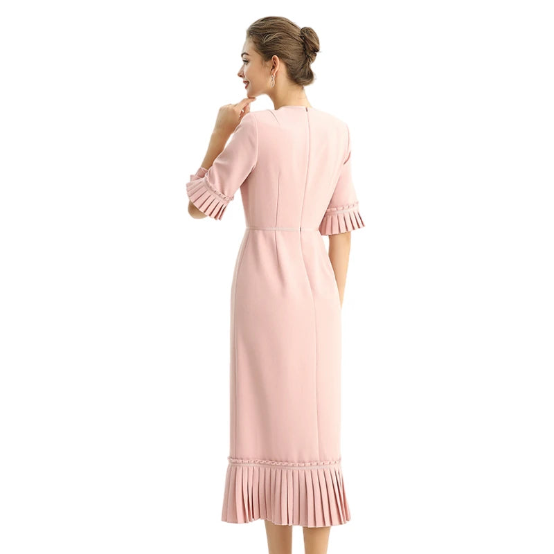 JJparty-D095-1 Women polyester crepe short sleeves ruffle detailed straight-cut midi dress