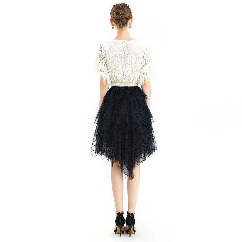 JJparty-S077 Women flocked tulle multi-layers asymmetric party short skirt