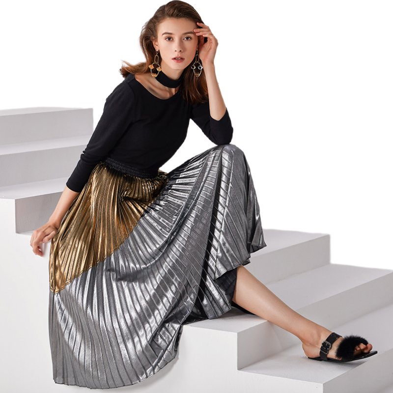 JJparty-C018 Women metallic printed color-block full circle sunburst pleated evening midi skirt
