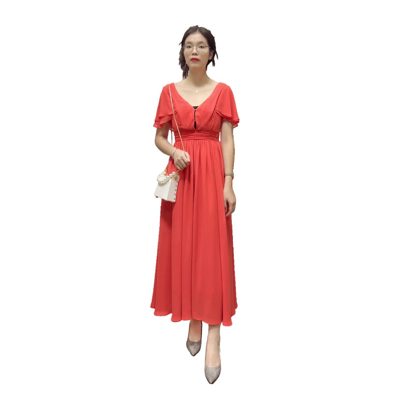 JJparty-D416 Women solid V-neck butterfly sleeves pintuck-detail flared midi dress