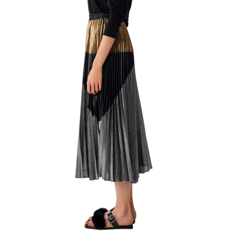 JJparty-C018 Women metallic printed color-block full circle sunburst pleated evening midi skirt