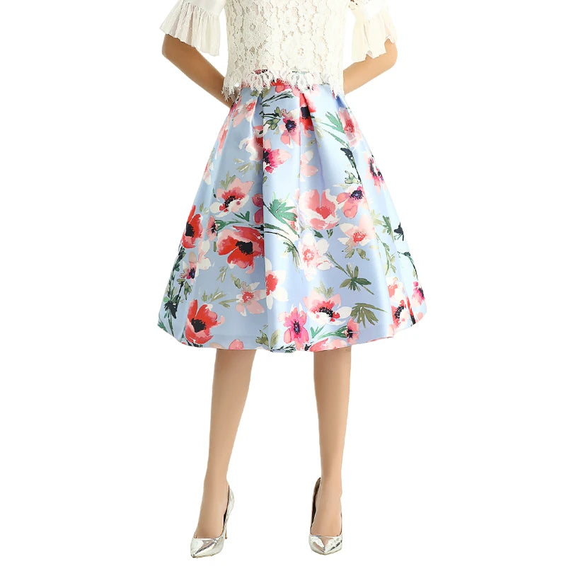 JJparty-S137 Women floral print inverted pleat A-line midi skirt