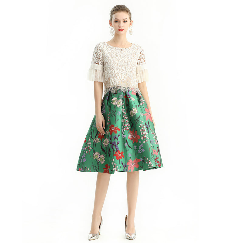 JJparty-S137-3 Women floral heavy jacquard inverted pleat A-line midi skirt