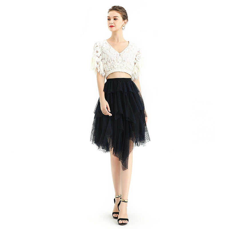 JJparty-S077 Women flocked tulle multi-layers asymmetric party short skirt