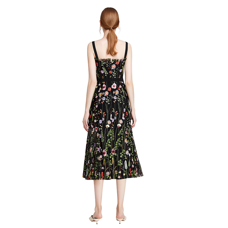 JJparty-D001 Women all-over floral embroidered tulle bare shoulder grosgrain strap midi party dress