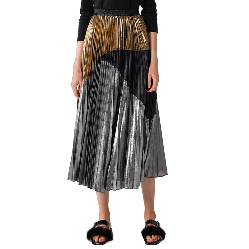 JJparty-C018 Women metallic printed color-block full circle sunburst pleated evening midi skirt