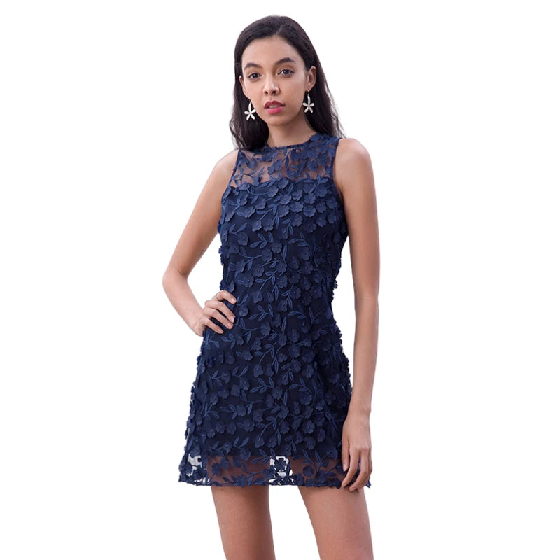 JJparty-D106 Women 3D flower embroidered tulle sleeveless fitted day and party mini dress