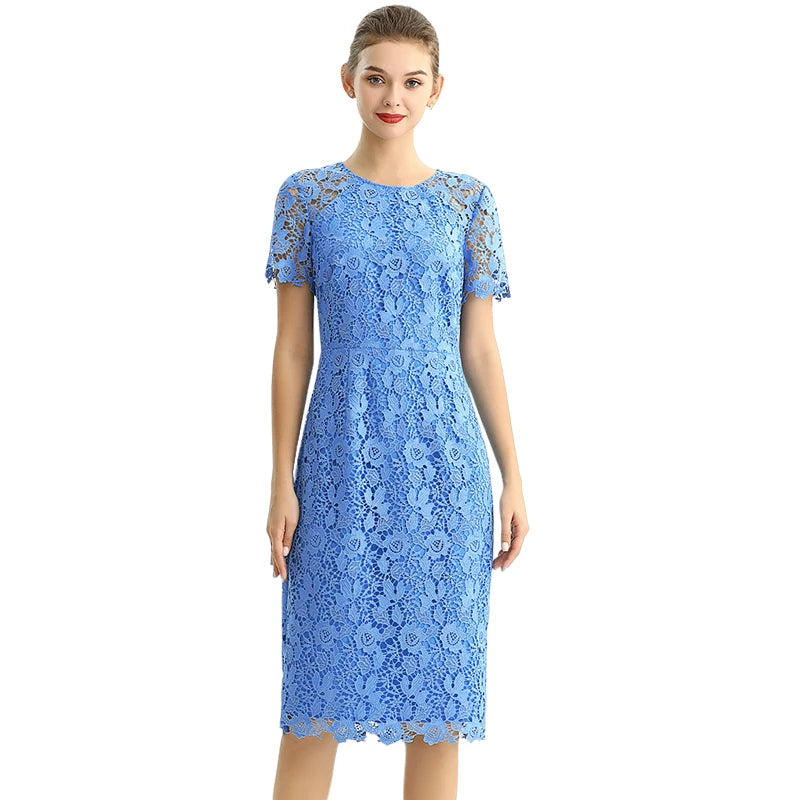 JJparty-D190 Women floral Macramé lace short sleeves straight-cut day and party midi dress