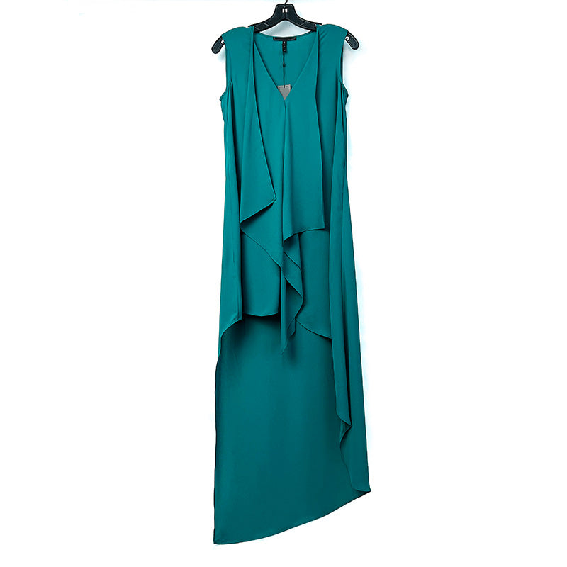 JJparty-8A59 Women solid V-neck front drape high-low design asymmetric hem day dress