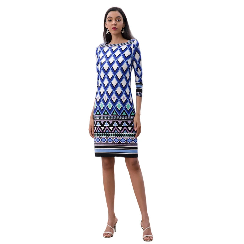 JJparty-D090 Women geometric print boat neck three quarter sleeves mini day dress