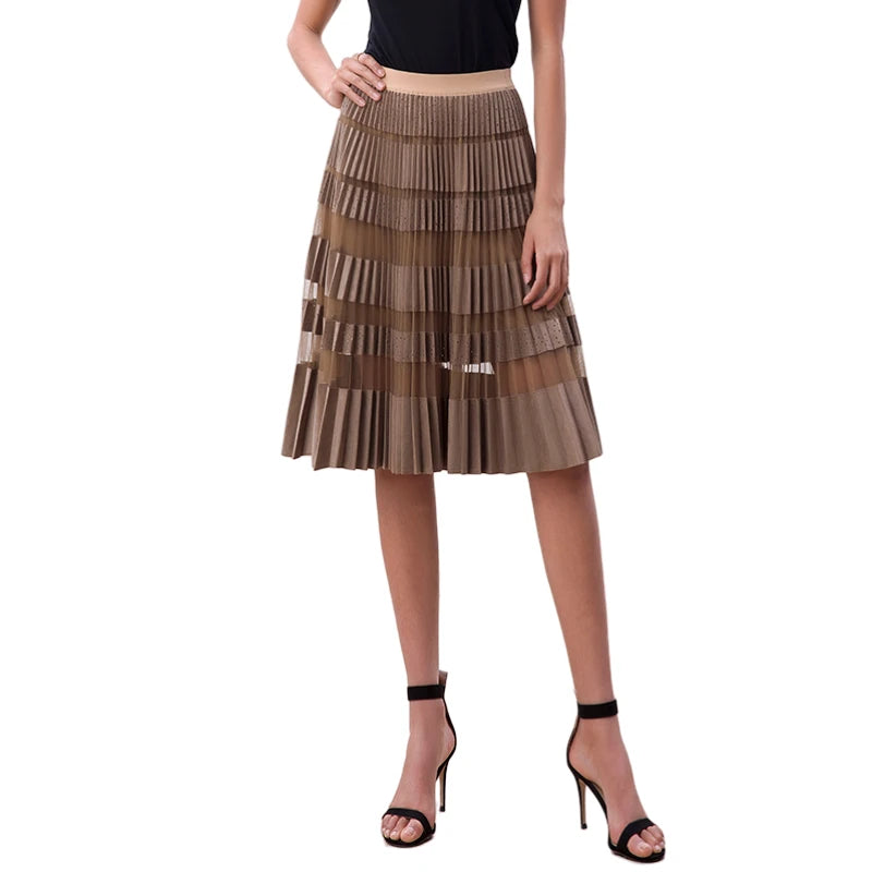 JJparty-S254 Women faux suede perforated panel mesh combo sunburst pleated midi skirt
