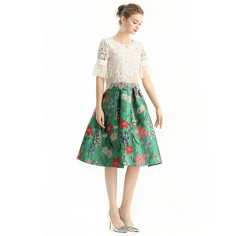 JJparty-S137-3 Women floral heavy jacquard inverted pleat A-line midi skirt