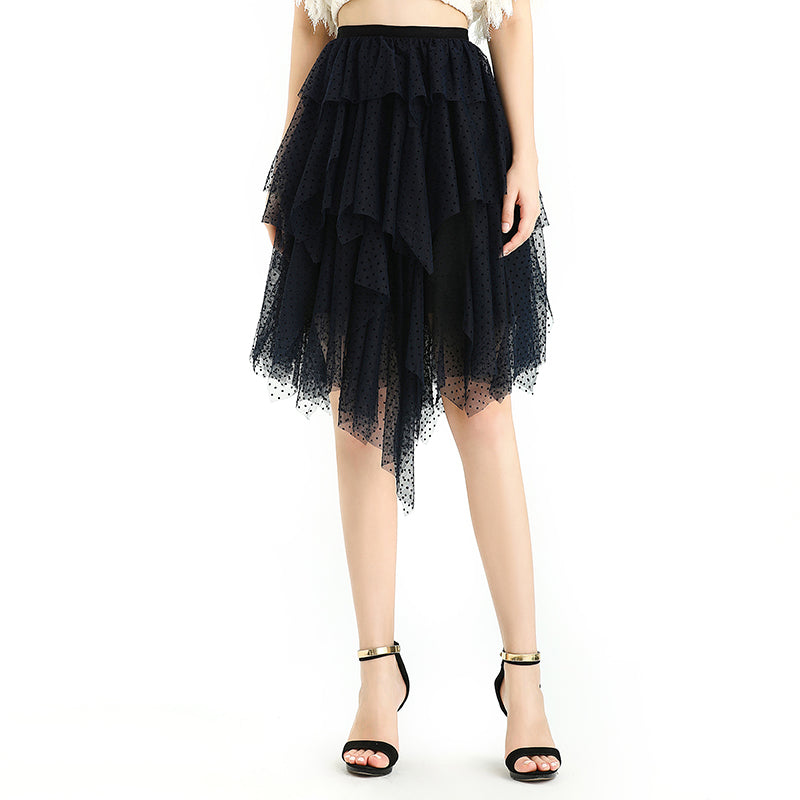 JJparty-S077 Women flocked tulle multi-layers asymmetric party short skirt