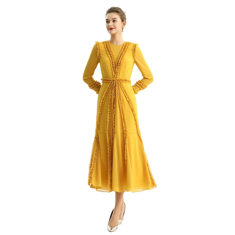JJparty-D084 Women solid chiffon three quarters sleeves ruffle detailed midi party dress