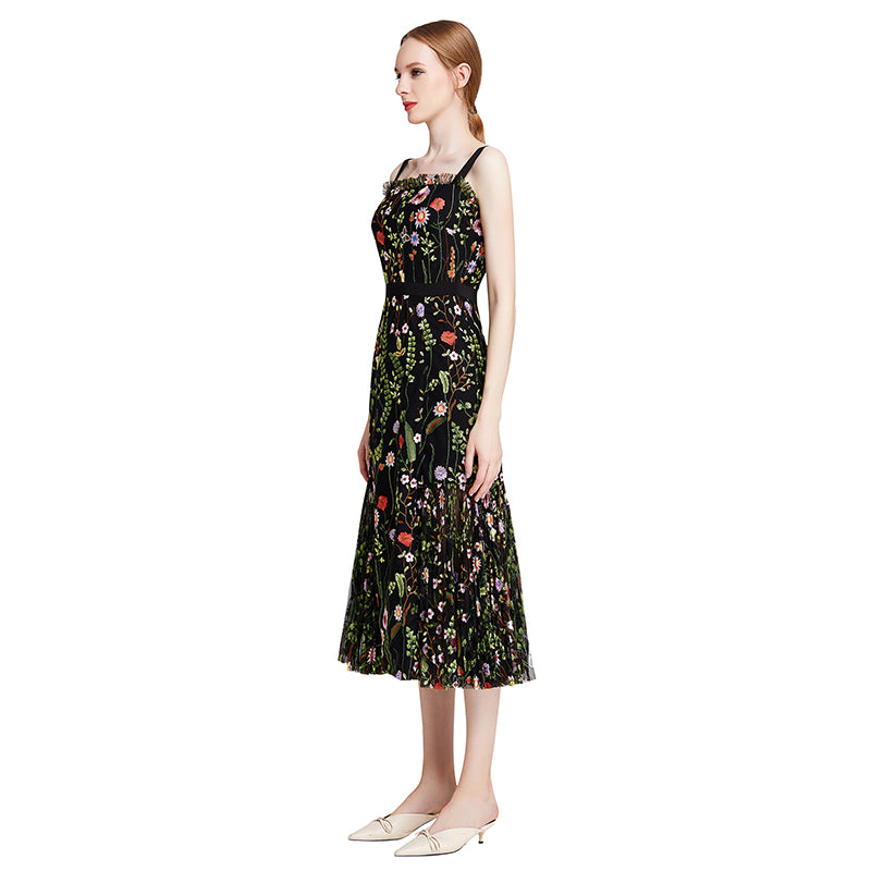 JJparty-D001 Women all-over floral embroidered tulle bare shoulder grosgrain strap midi party dress
