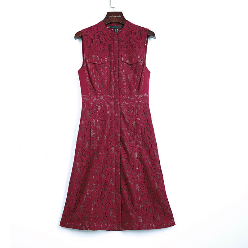 JJparty-2J98 Women solid lace band collar sleeveless bodycon midi dress