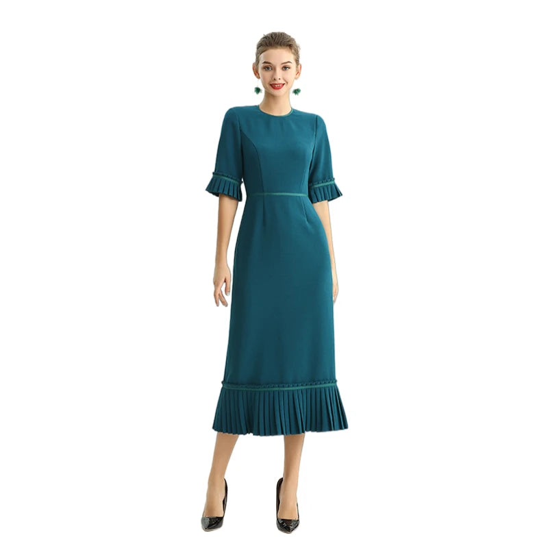 JJparty-D095-1 Women polyester crepe short sleeves ruffle detailed straight-cut midi dress