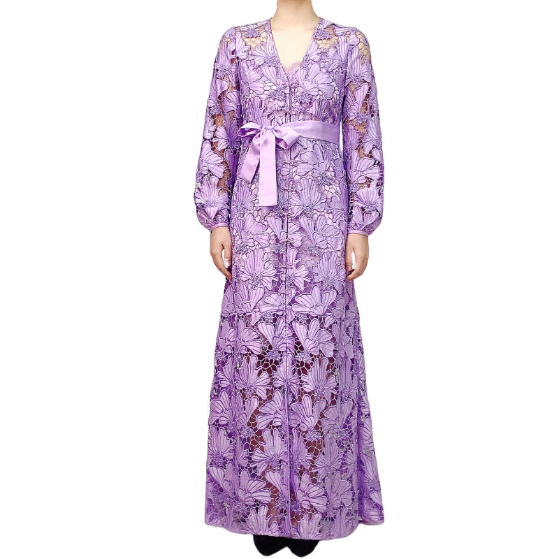JJparty-C165-3 Women cut out embroidery long sleeves waist-tie evening maxi robe dress