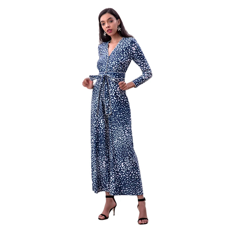 JJparty-R171-2 Women animal print long sleeves flare leg jumpsuit