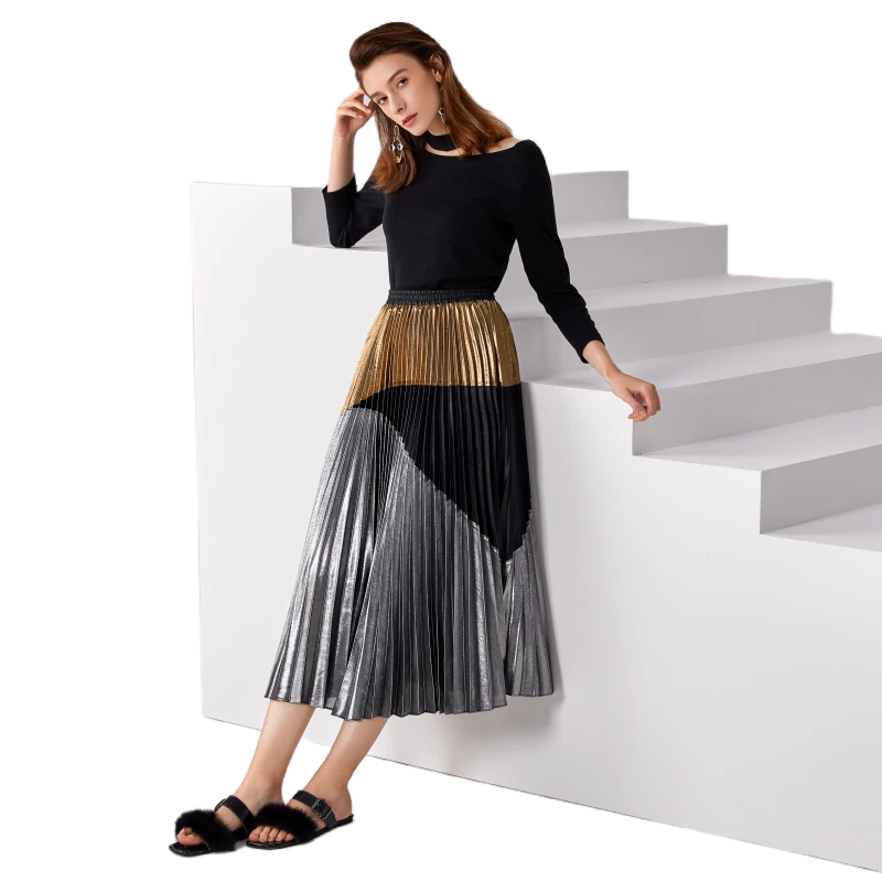 JJparty-C018 Women metallic printed color-block full circle sunburst pleated evening midi skirt