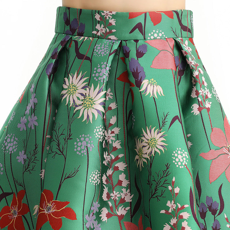 JJparty-S137-3 Women floral heavy jacquard inverted pleat A-line midi skirt