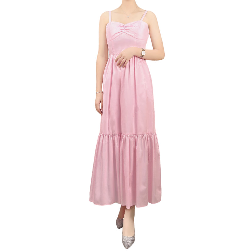 JJparty-D296 Women cotton strappy smocked back tiered ruffle flared midi dress