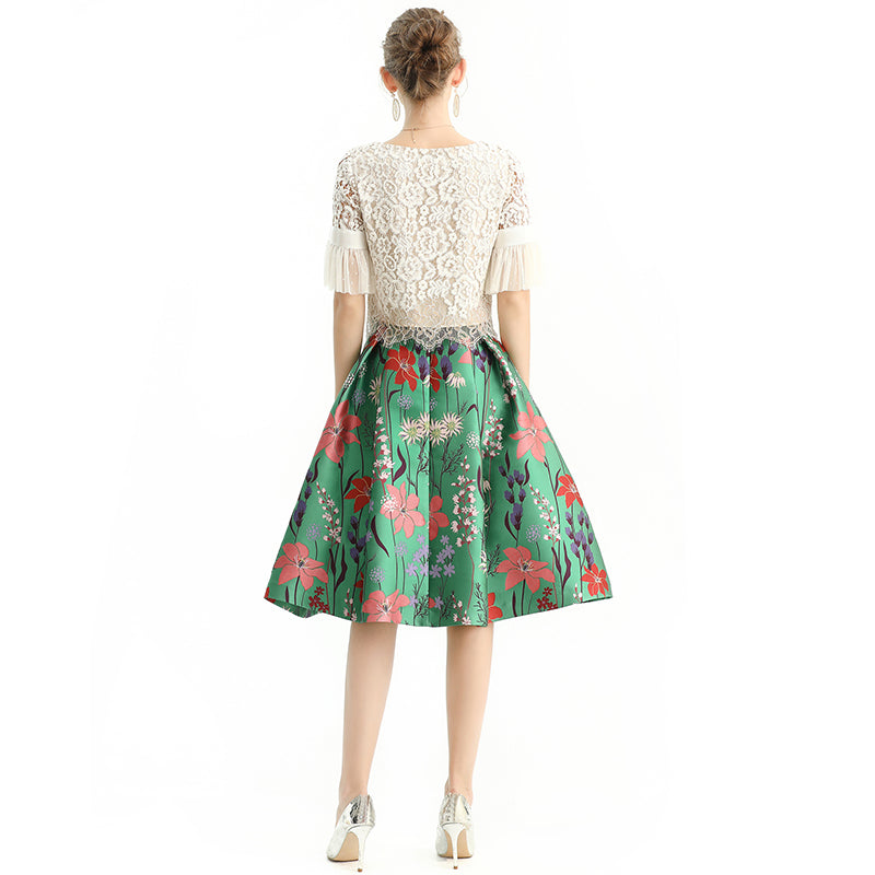 JJparty-S137-3 Women floral heavy jacquard inverted pleat A-line midi skirt
