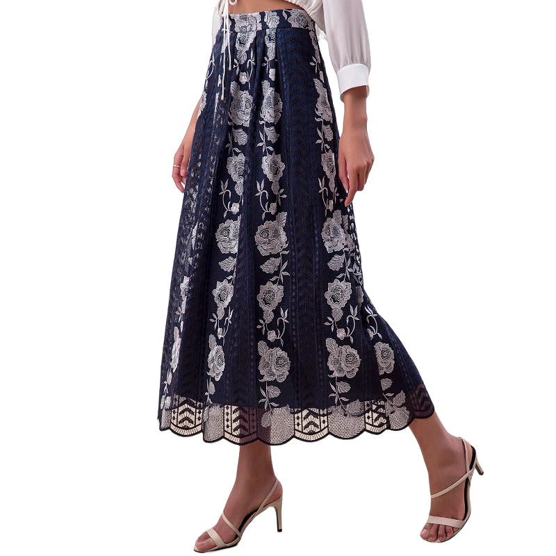 JJparty-S127-1 Women Roses embroidered mesh scallop hem A-line midi skirt