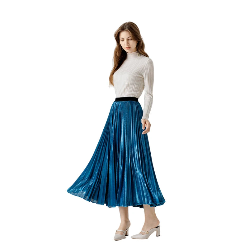 JJparty-A121 Women metallic knit full circle sunburst pleated midi party skirt