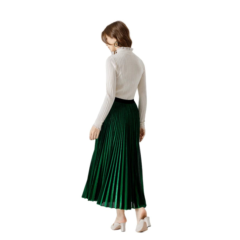 JJparty-A121 Women metallic knit full circle sunburst pleated midi party skirt