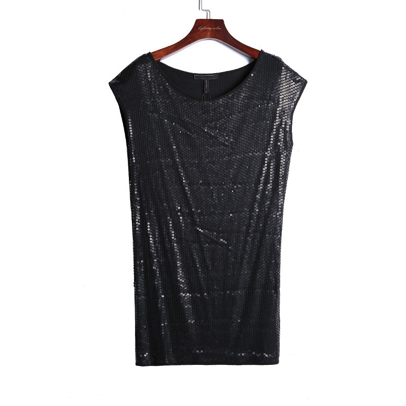 JJparty-I720 Women Fully sequined jersey round neck sleeveless mini party dress