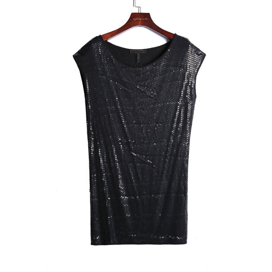 JJparty-I720 Women Fully sequined jersey round neck sleeveless mini party dress