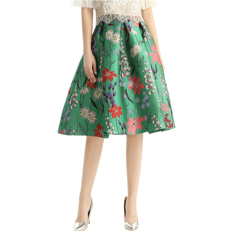 JJparty-S137-3 Women floral heavy jacquard inverted pleat A-line midi skirt