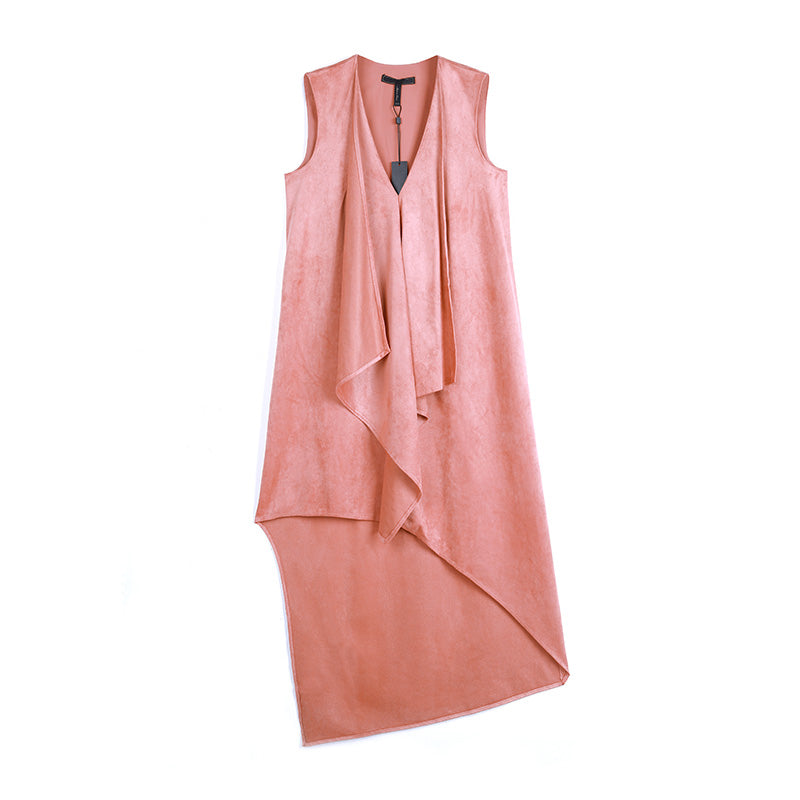 JJparty-9K51 Women faux suede V-neck front drape design high-low asymmetrical hem day dress