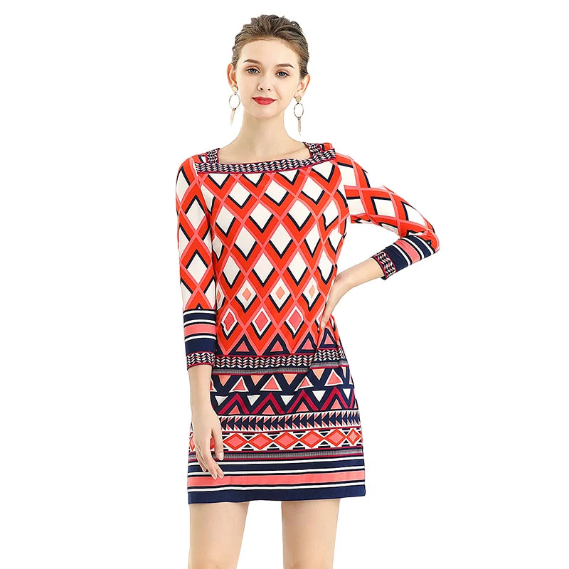 JJparty-D079 Women geometric print boat neck three quarter sleeves mini day dress