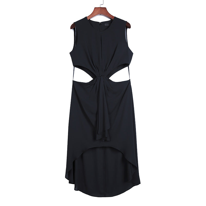JJparty-2A56 Women solid round neck front draped design cut-out waist asymmetric hem day dress