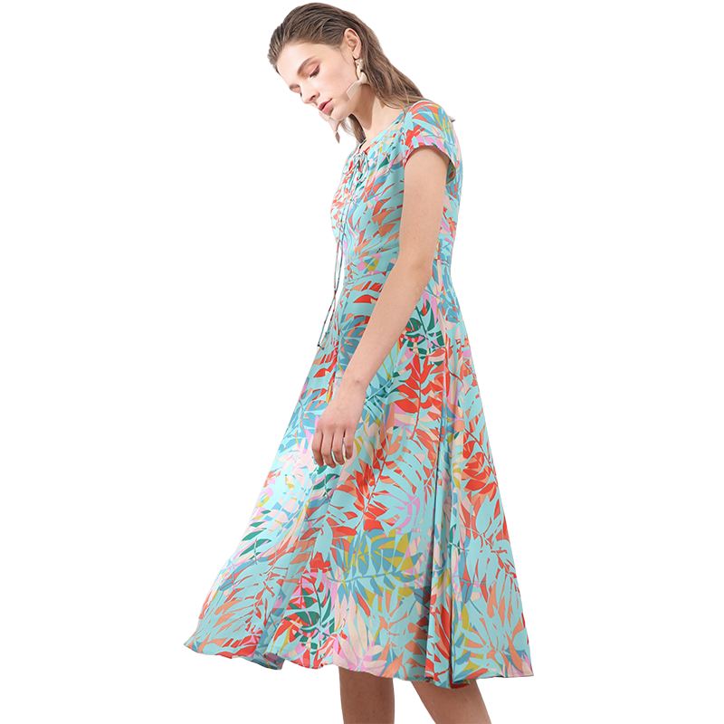 JJparty-H628-1 Women polyester print round neck cap sleeves flared midi dress